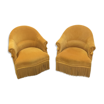 Pair of velvet fringed low chairs