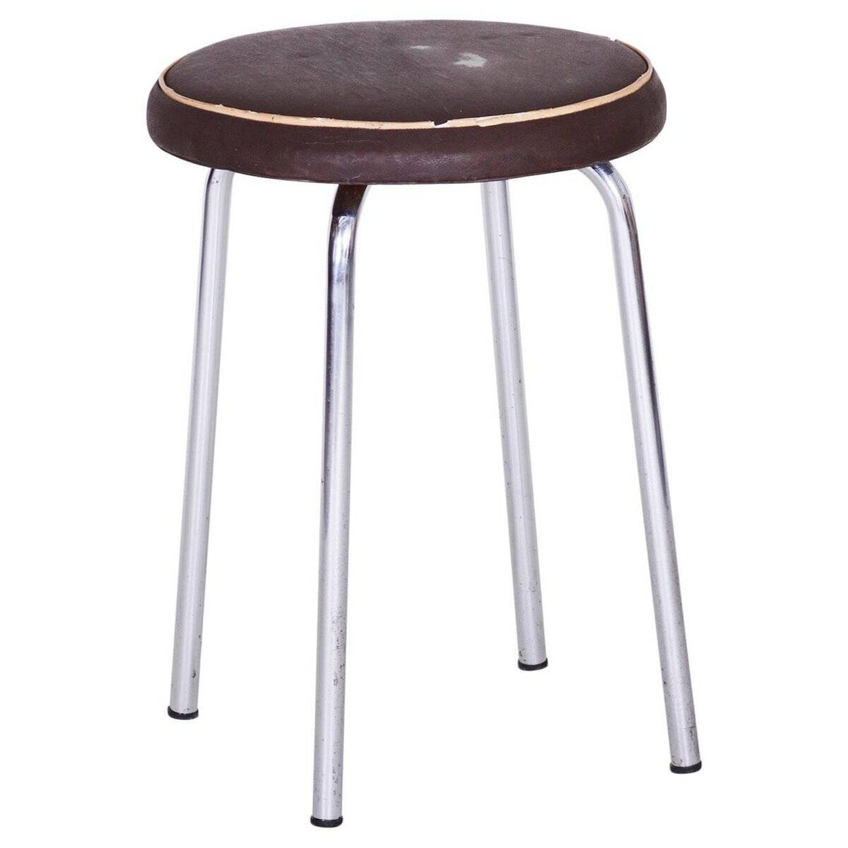 Small Bauhaus Round Leather & Chrome Stool by Robert Sezák, 1940s