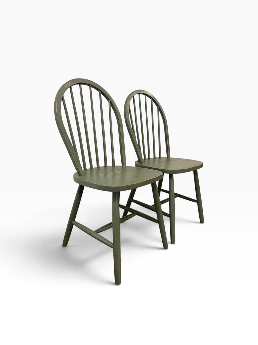 Set of 2 vintage olive green spindle dining chairs