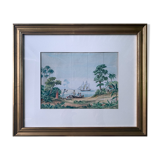 Watercolor painting study "Colonial Scene" Conquest of America
