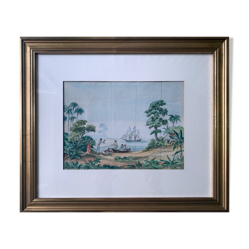 Tableau Aquarelle étude "Scène coloniale" Conquête de l'Amérique