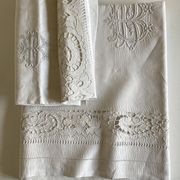 Pair of sets of chateau drape and taie 1 person 19th in embroidered linen thread Richelieu