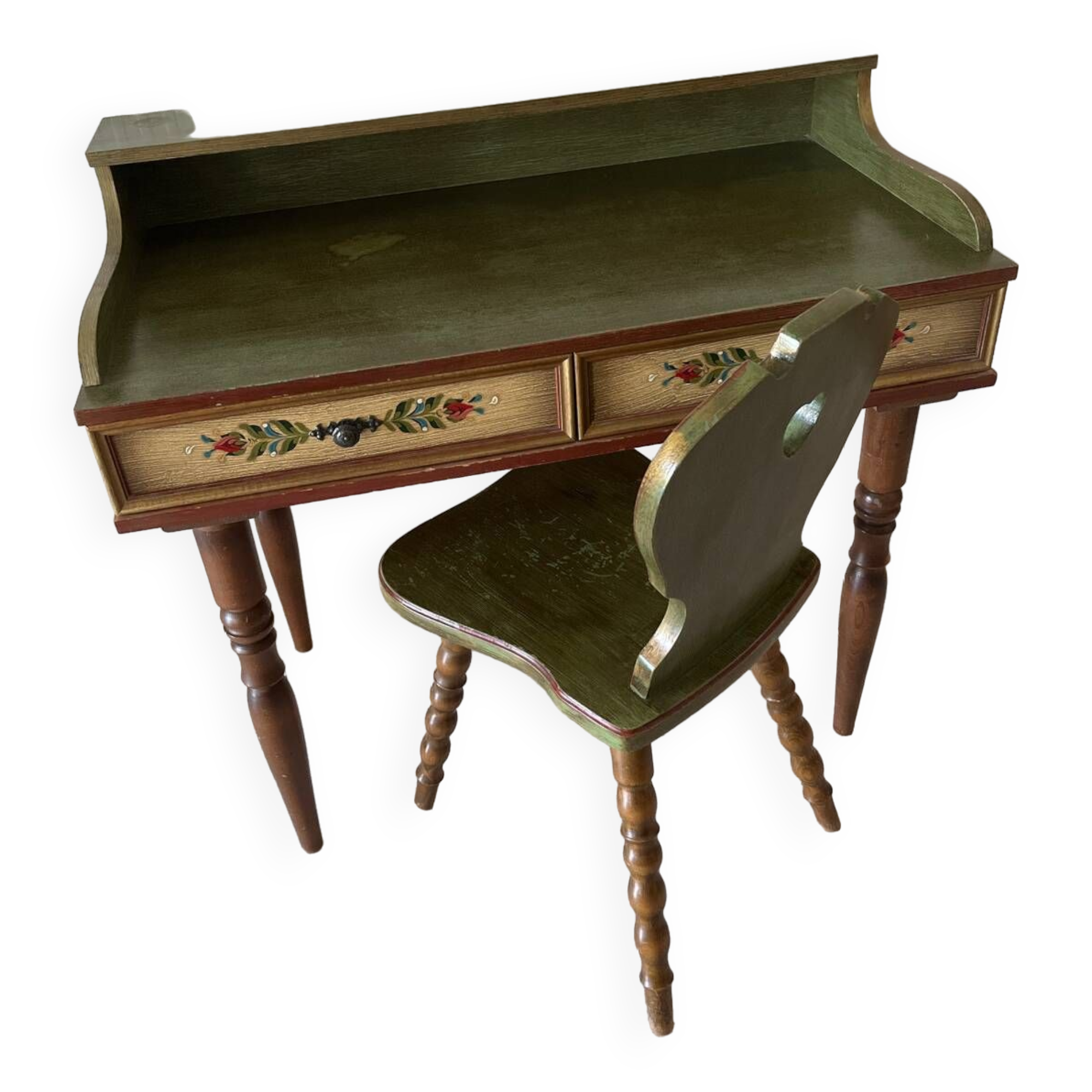 Wooden dressing table with olive green chair and floral patterns