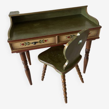 Bureau coiffeuse en bois avec sa chaise vert olive et motifs floraux