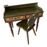 Wooden dressing table with olive green chair and floral patterns