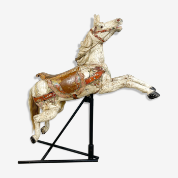 Antique wooden fairground carousel jumping horse by Josef Hübner, Germany circa 1910