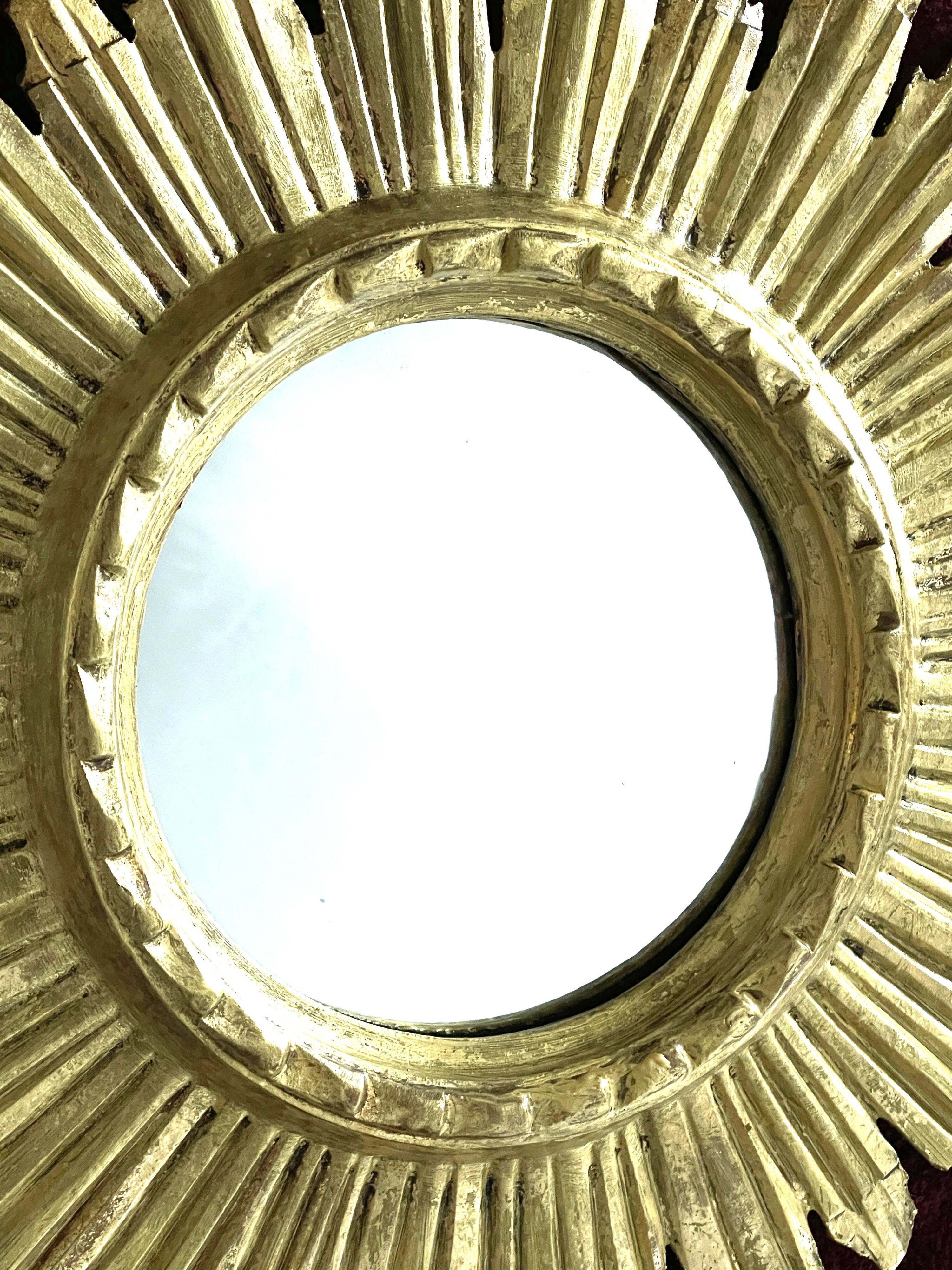 Golden Wooden Sun Mirror | Mid-20th Century - 48 cm