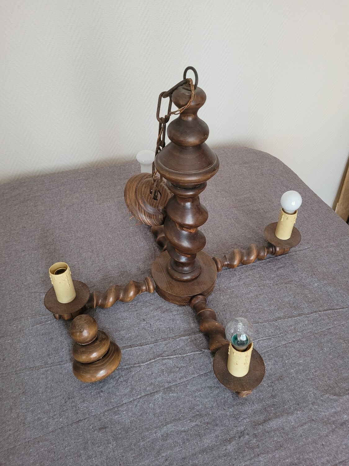 Wood chandelier 4 branches 60s