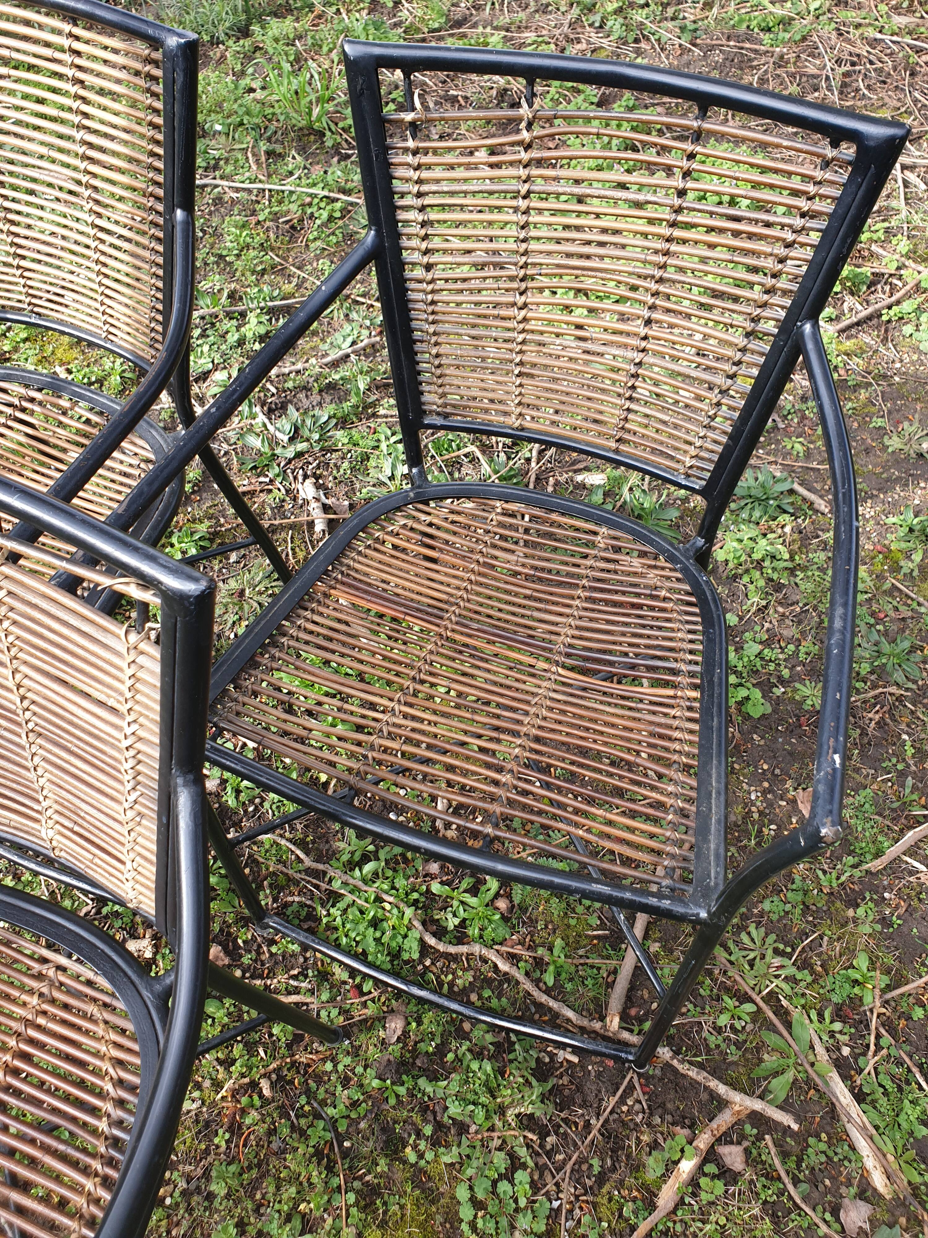3 welded metal and rattan armchairs