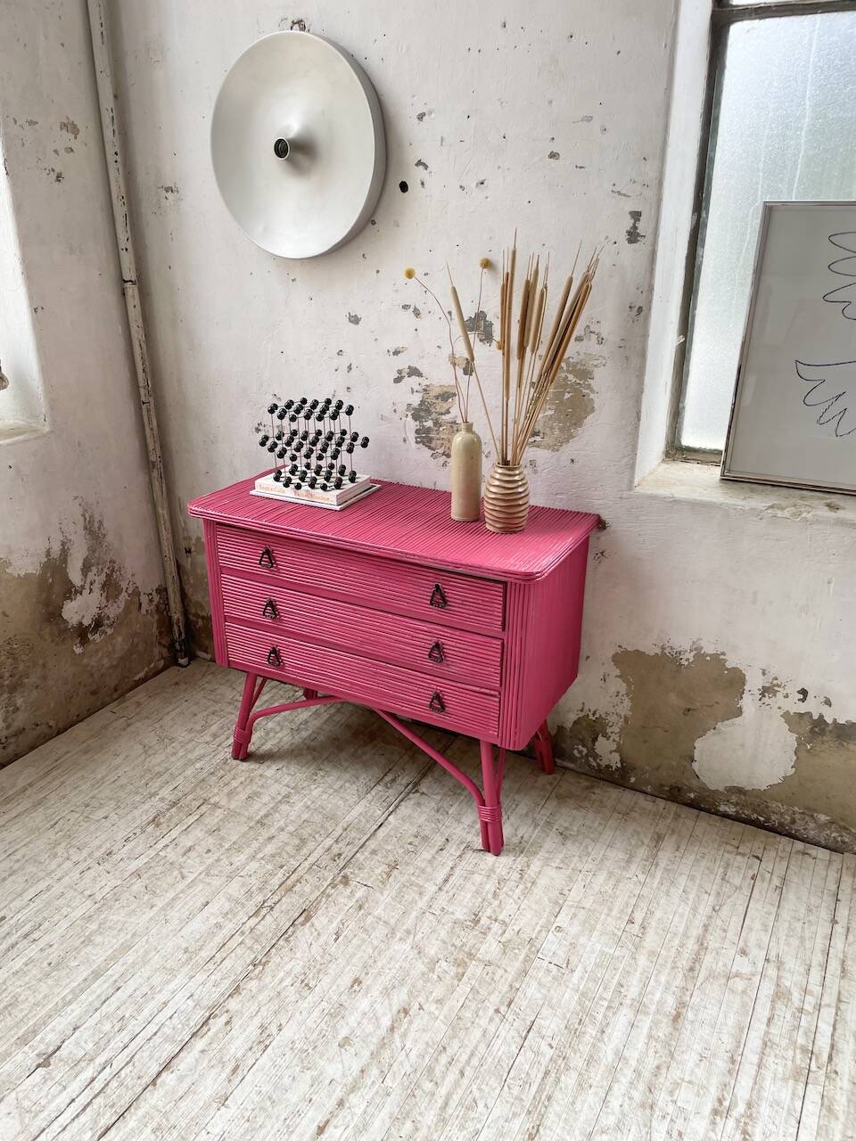 Vintage pink rattan chest of drawers