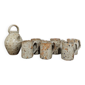 Set of 6 stoneware cups and a pitcher
