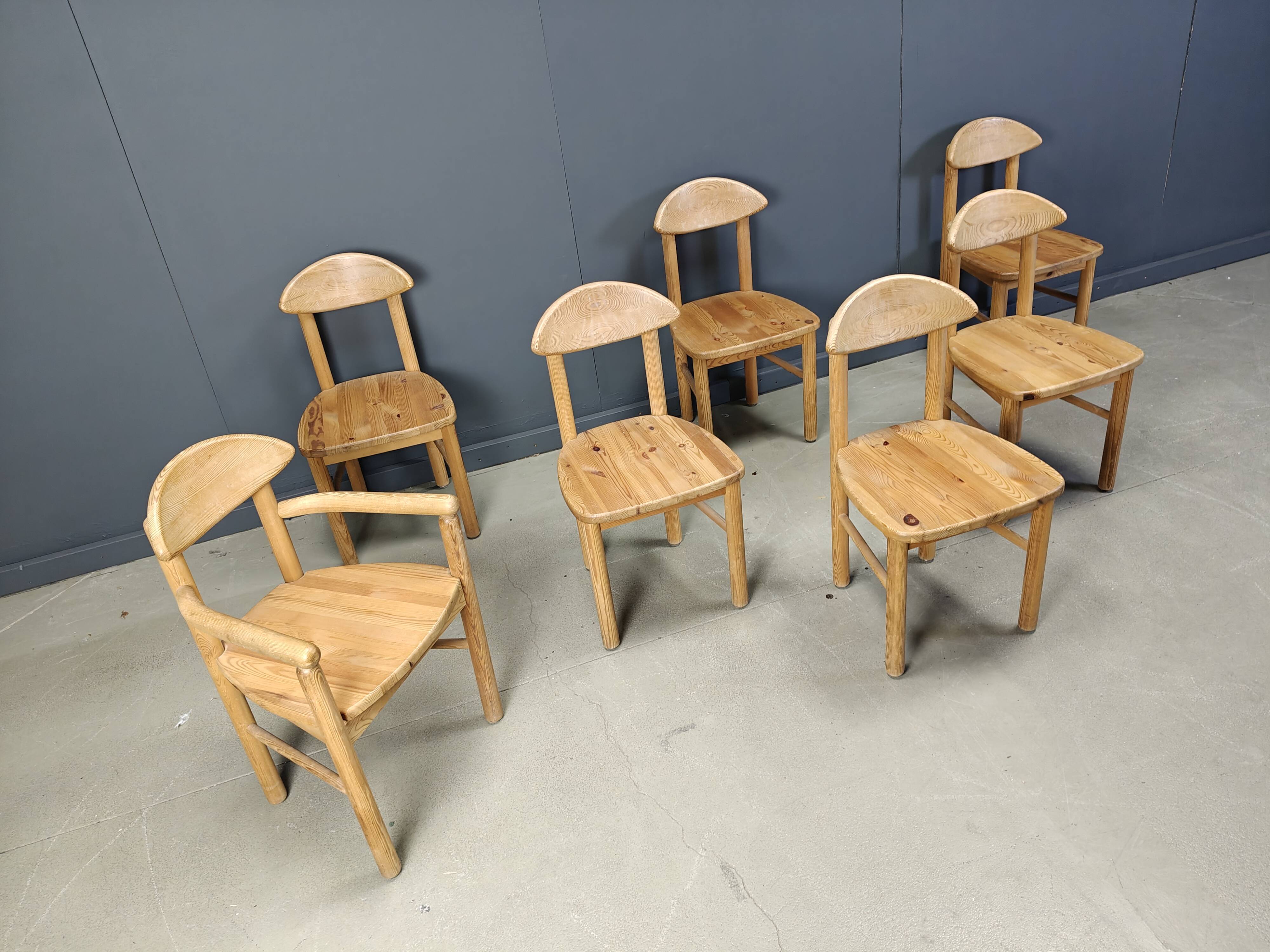 Vintage pine wood dining chairs - 1980s - set of 7