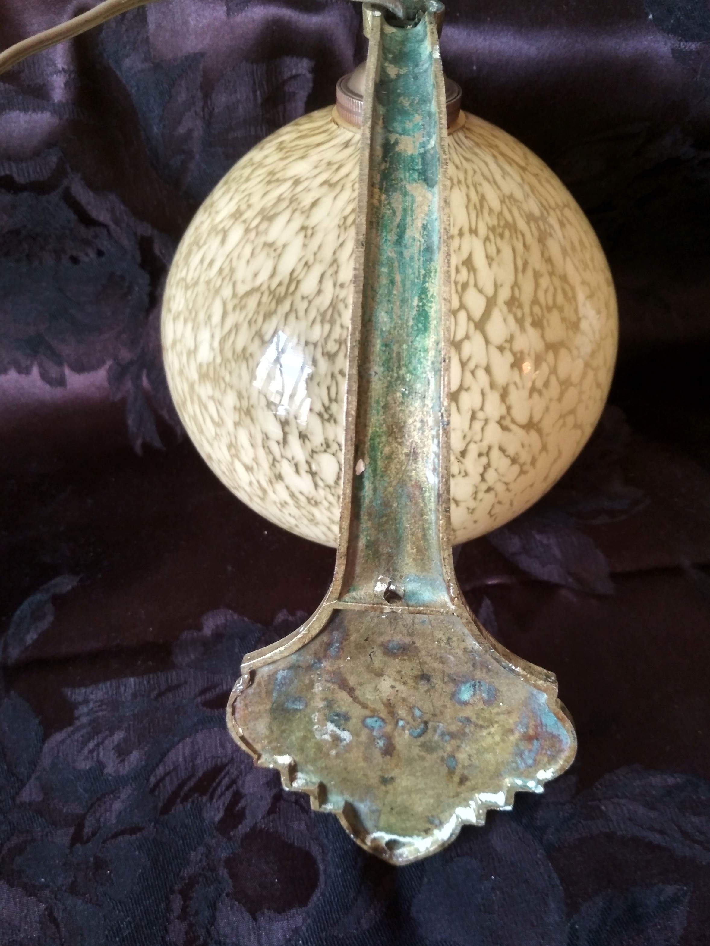 Art deco sconce, golden brass and yellow speckled Clichy glass globe