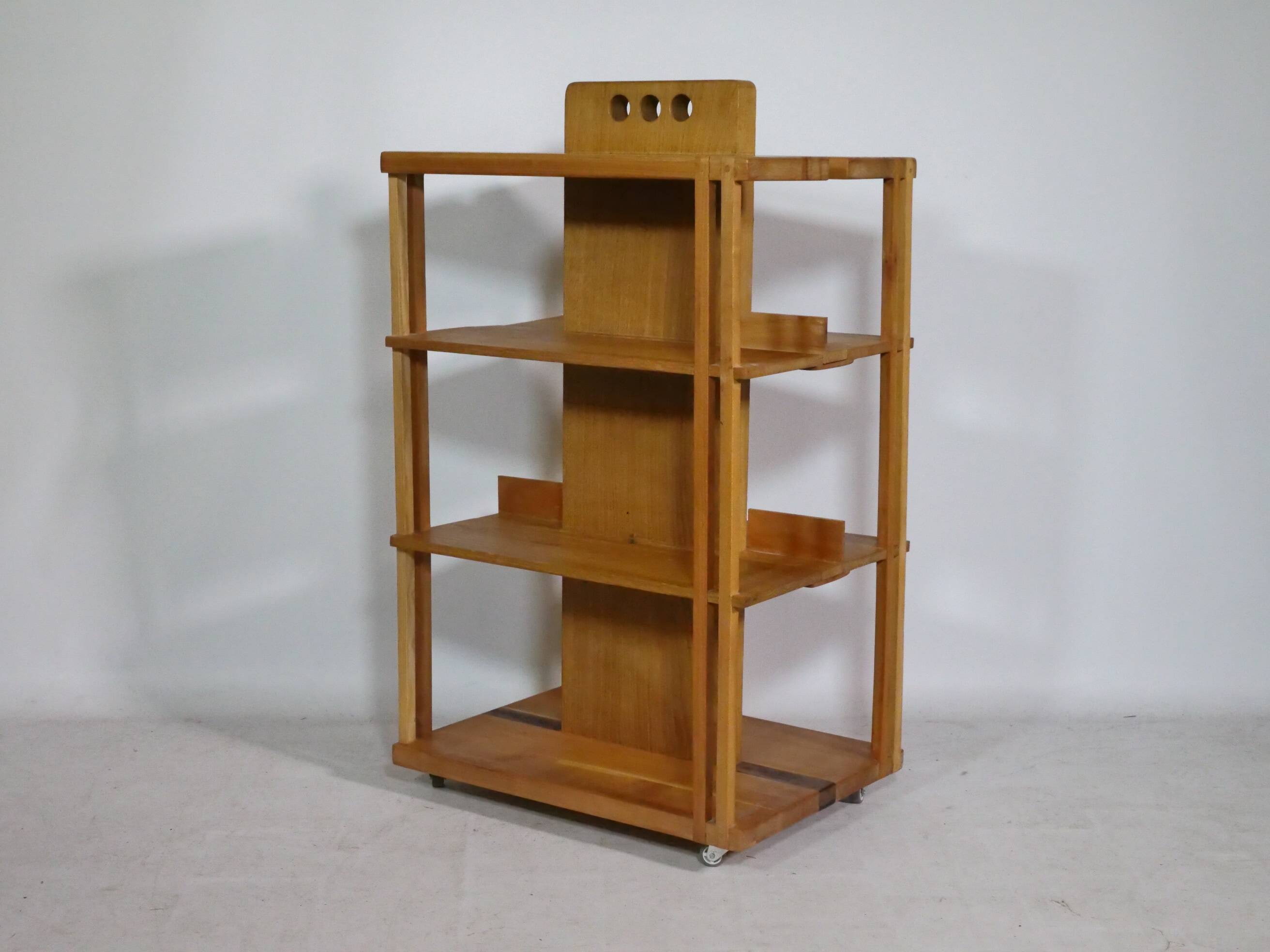 Solid cherry wood rolling shelf, unique piece, 1970s