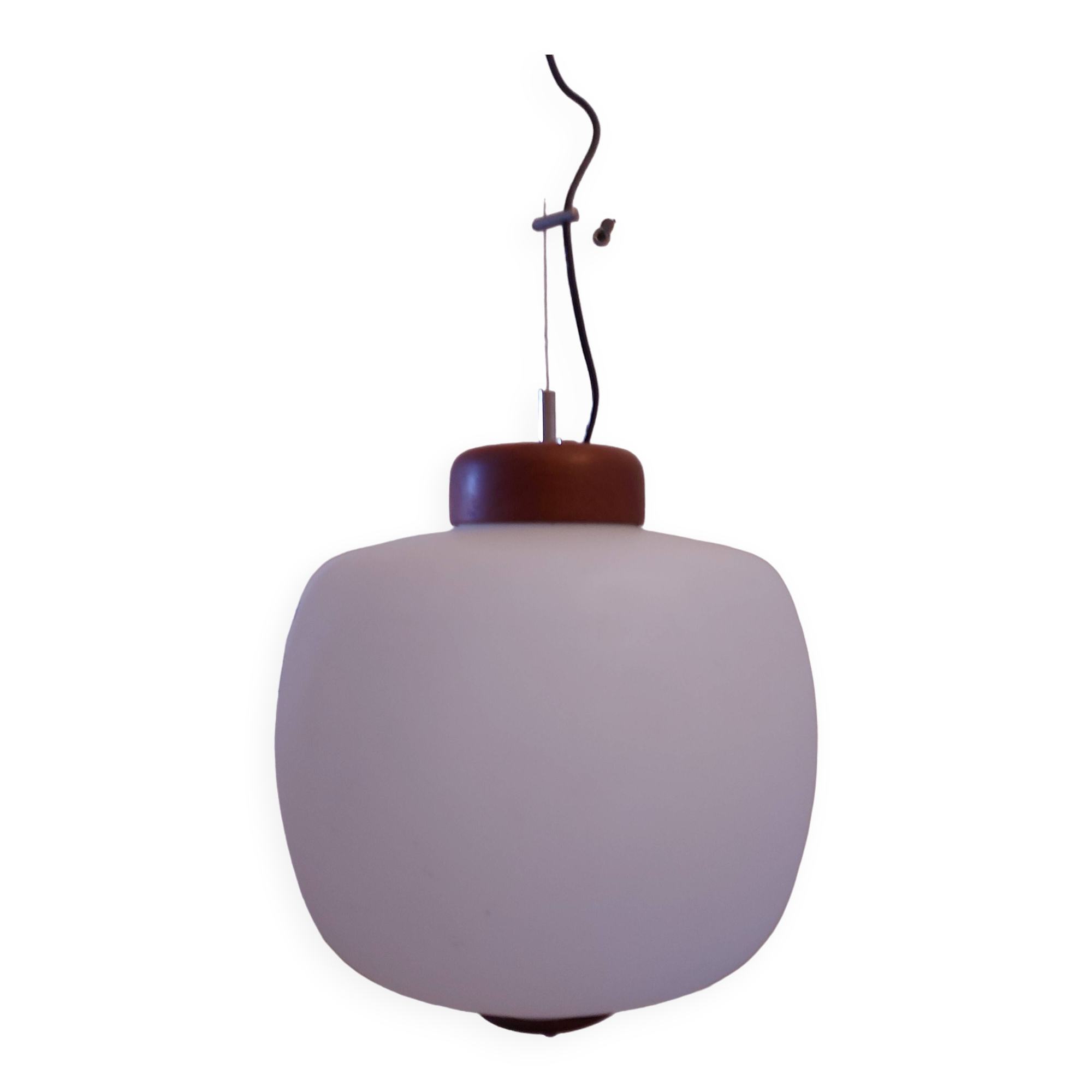 50's, 60'S design pendant lamp in opaline and teak by Goffredo Reggiani.