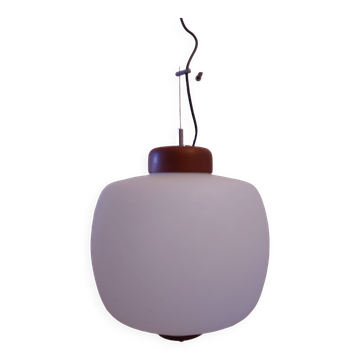 50's, 60'S design pendant lamp in opaline and teak by Goffredo Reggiani.