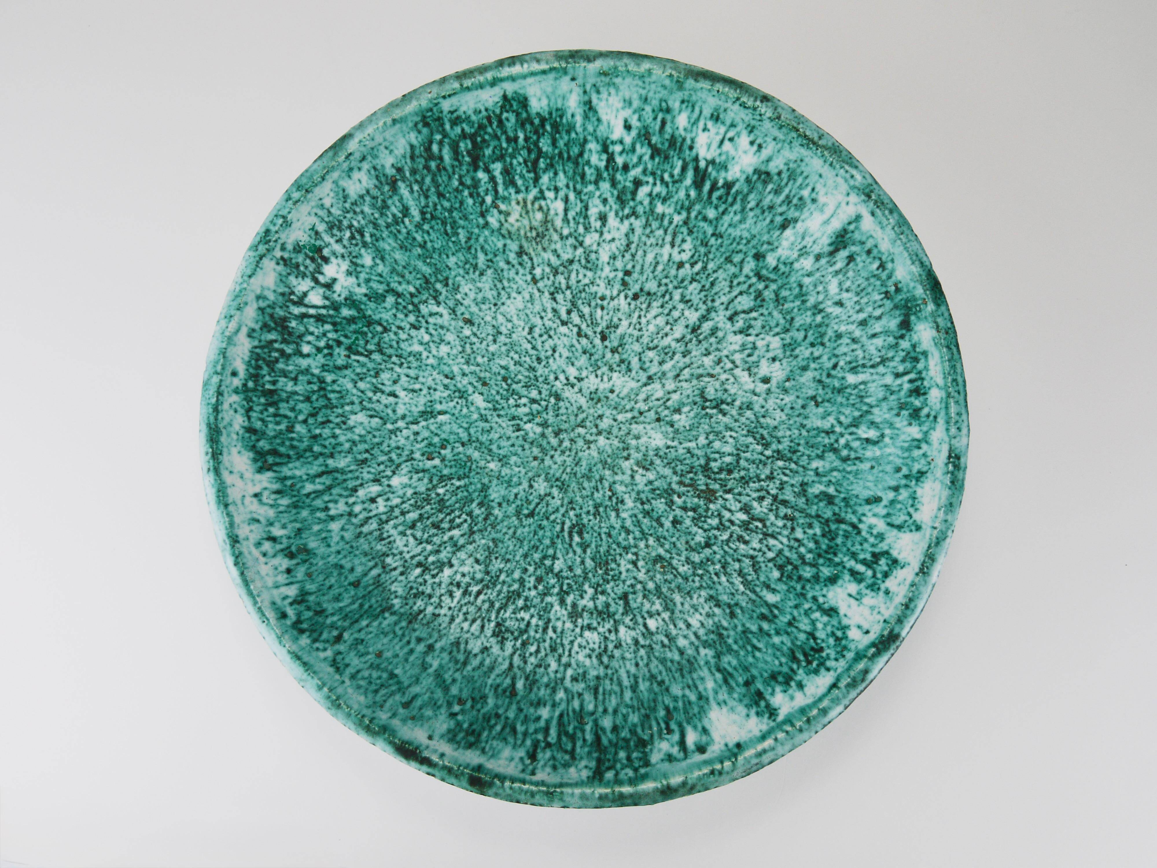 Eva Ruffoni Grand Bol Art Fruitier en Céramique Turquoise, 15 pouces de diamètre, Italie, années 1980