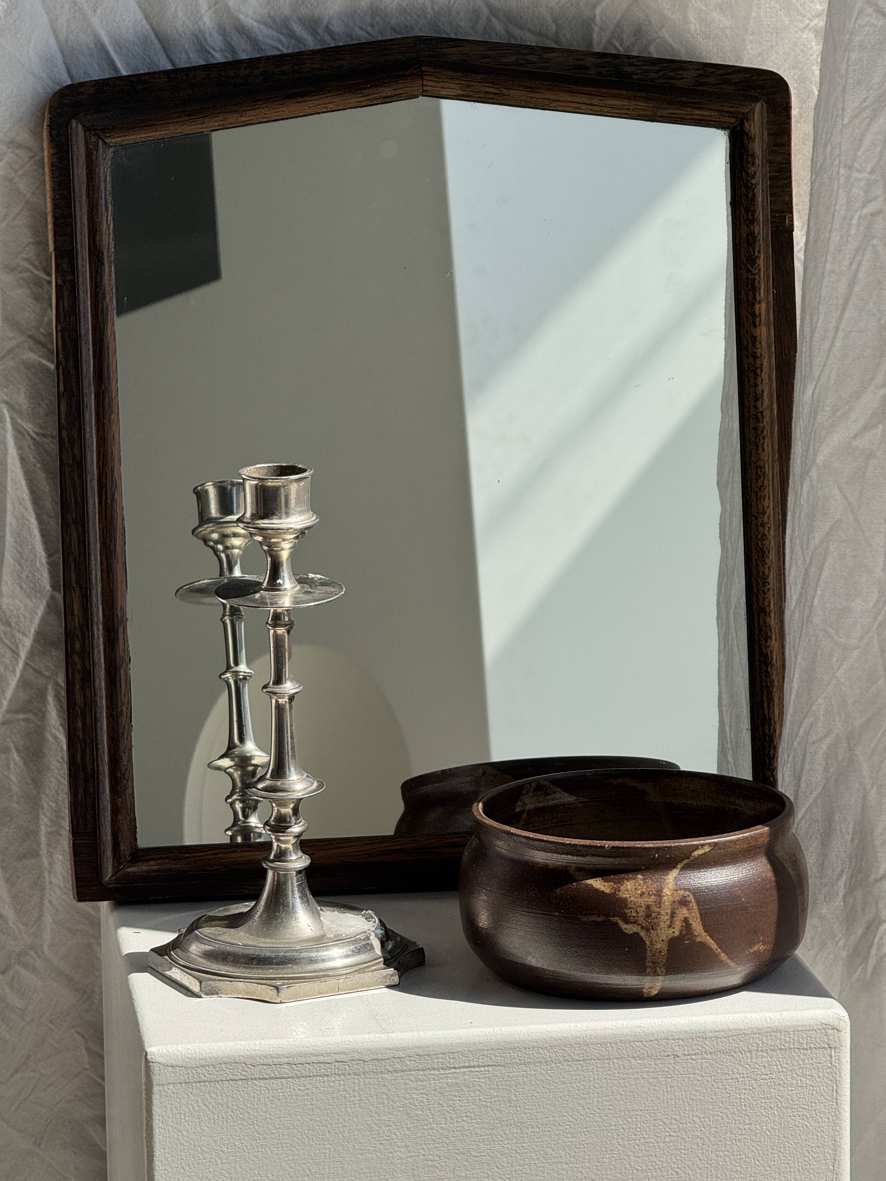 Small antique English rectangular mirror with pediment and oak frame