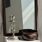 Small antique English rectangular mirror with pediment and oak frame