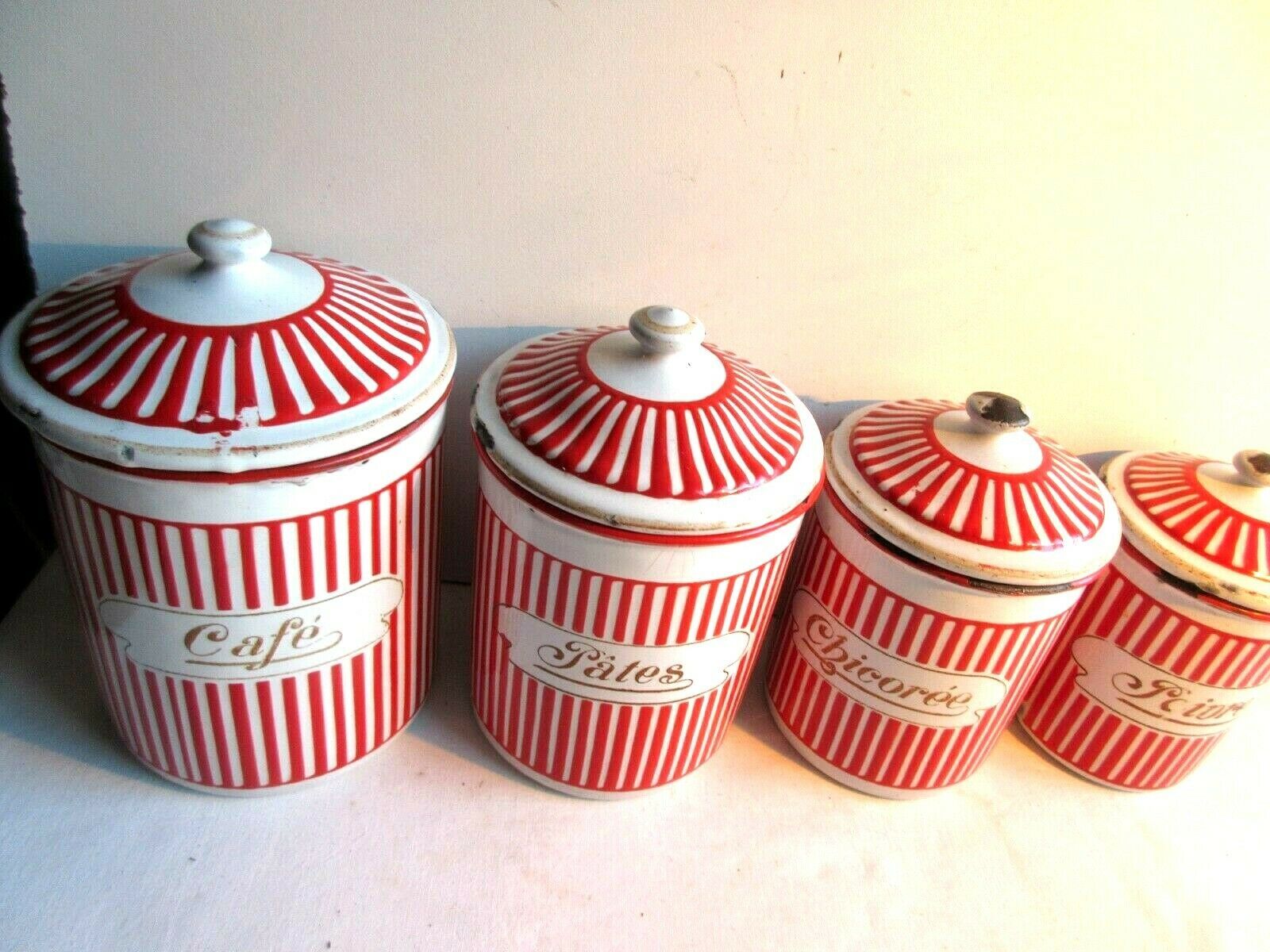 4 spice pots, Art Deco, enamelled sheet metal as coffee maker, signed BB