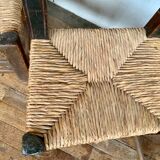 Series of 4 brutalist rustic chairs in carved wood straw seat