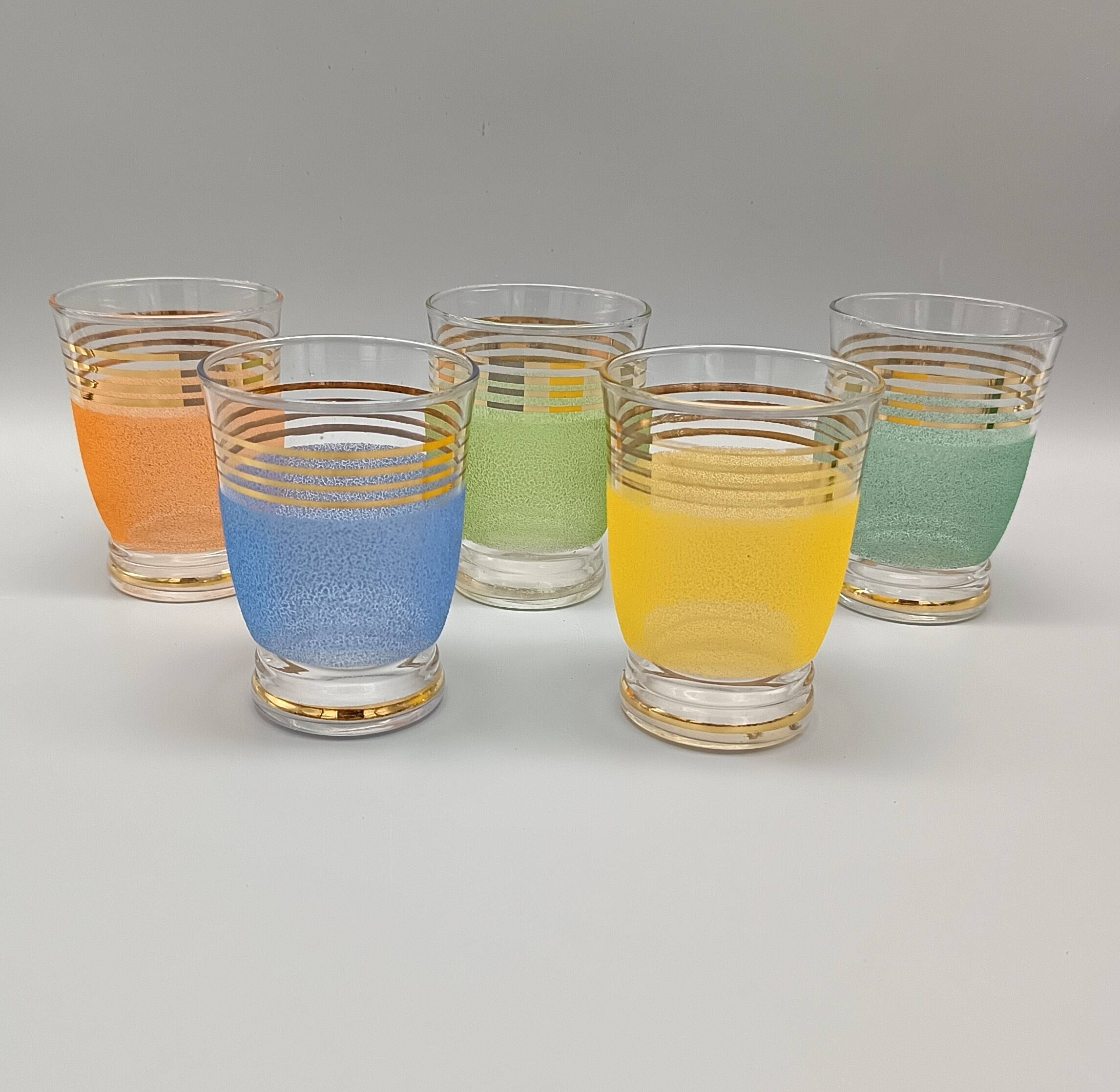 5 pretty multicolored frosted glasses with gold edges, vintage france 1950s
