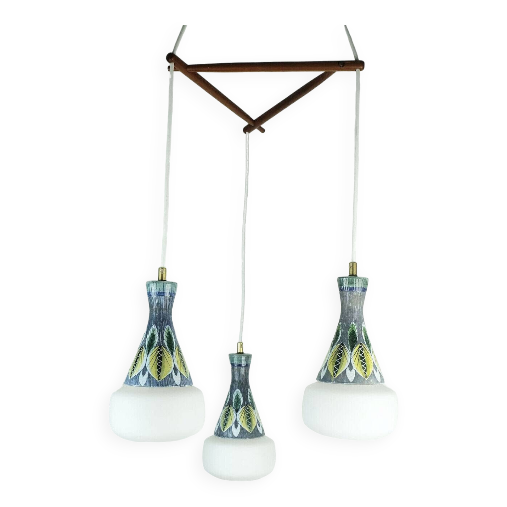 exceptionally beautiful danish modern PENDANT LIGHT teak opaline glass ceramic 3-light hanging lamp