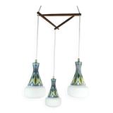 exceptionally beautiful danish modern PENDANT LIGHT teak opaline glass ceramic 3-light hanging lamp