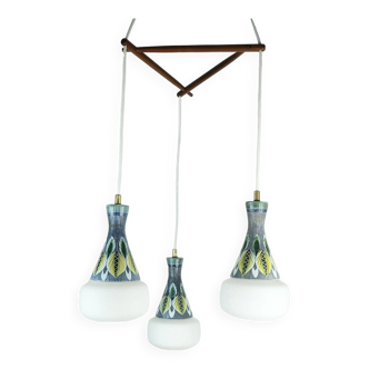 exceptionally beautiful danish modern PENDANT LIGHT teak opaline glass ceramic 3-light hanging lamp
