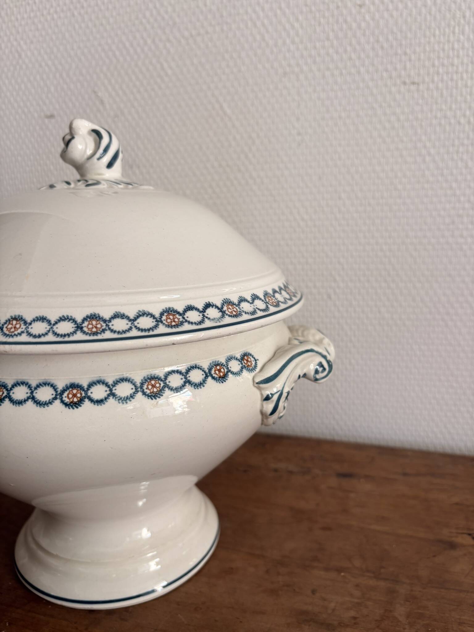 Antique Soup Tureen Vegetable Dish Faience Longwy Henri II Style Geometric Frieze