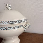 Antique Soup Tureen Vegetable Dish Faience Longwy Henri II Style Geometric Frieze