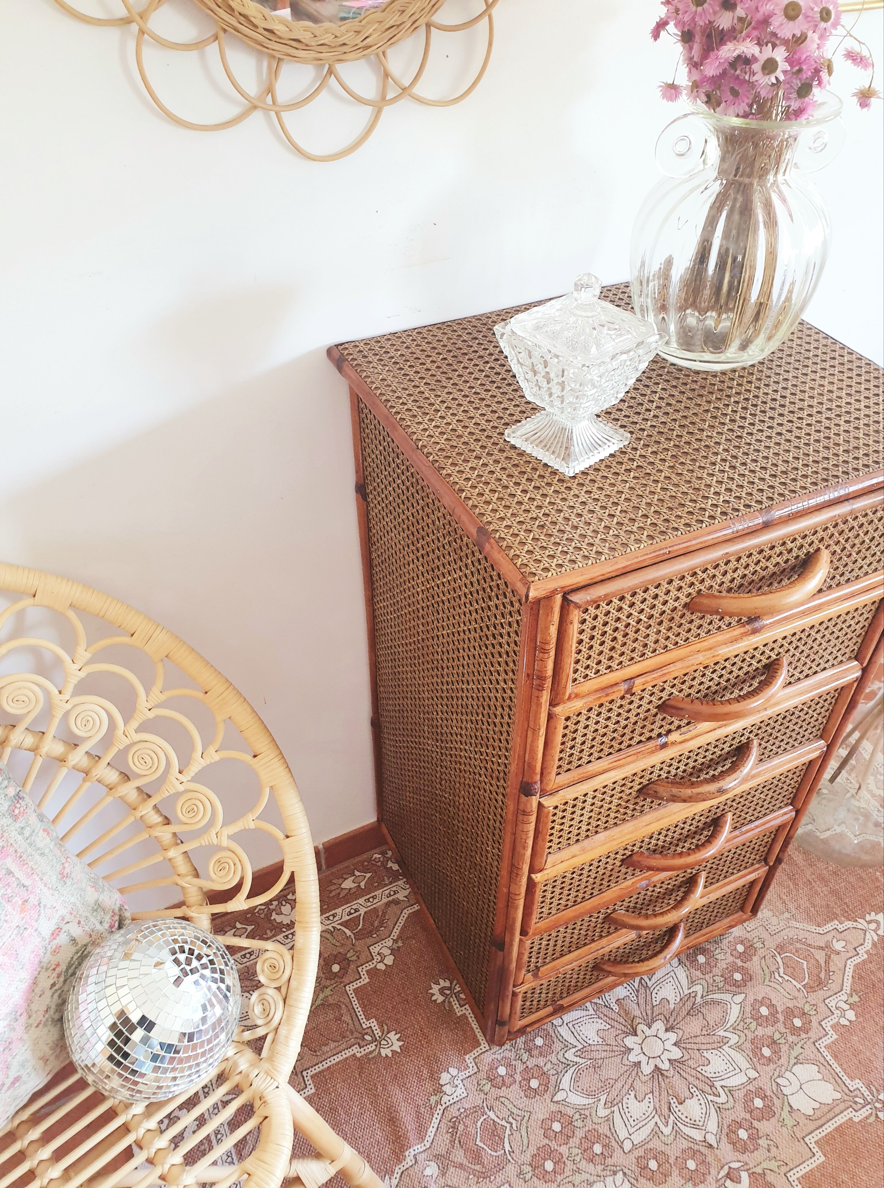 Rattan and canning chest of drawers