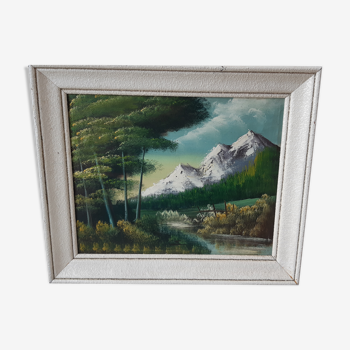 Tableau huile sur toile paysage montagnes vintage