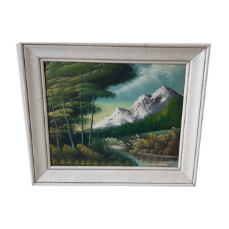 Tableau huile sur toile paysage montagnes vintage