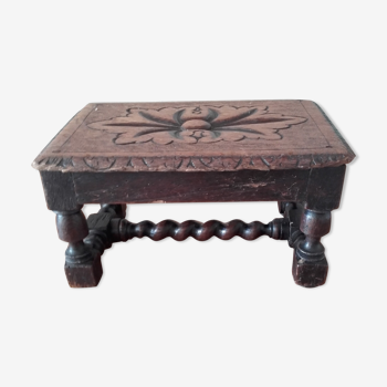 Beautiful footrest or small solid oak bench carved floral motifs louis XIII style.