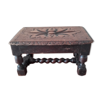 Beautiful footrest or small solid oak bench carved floral motifs louis XIII style.