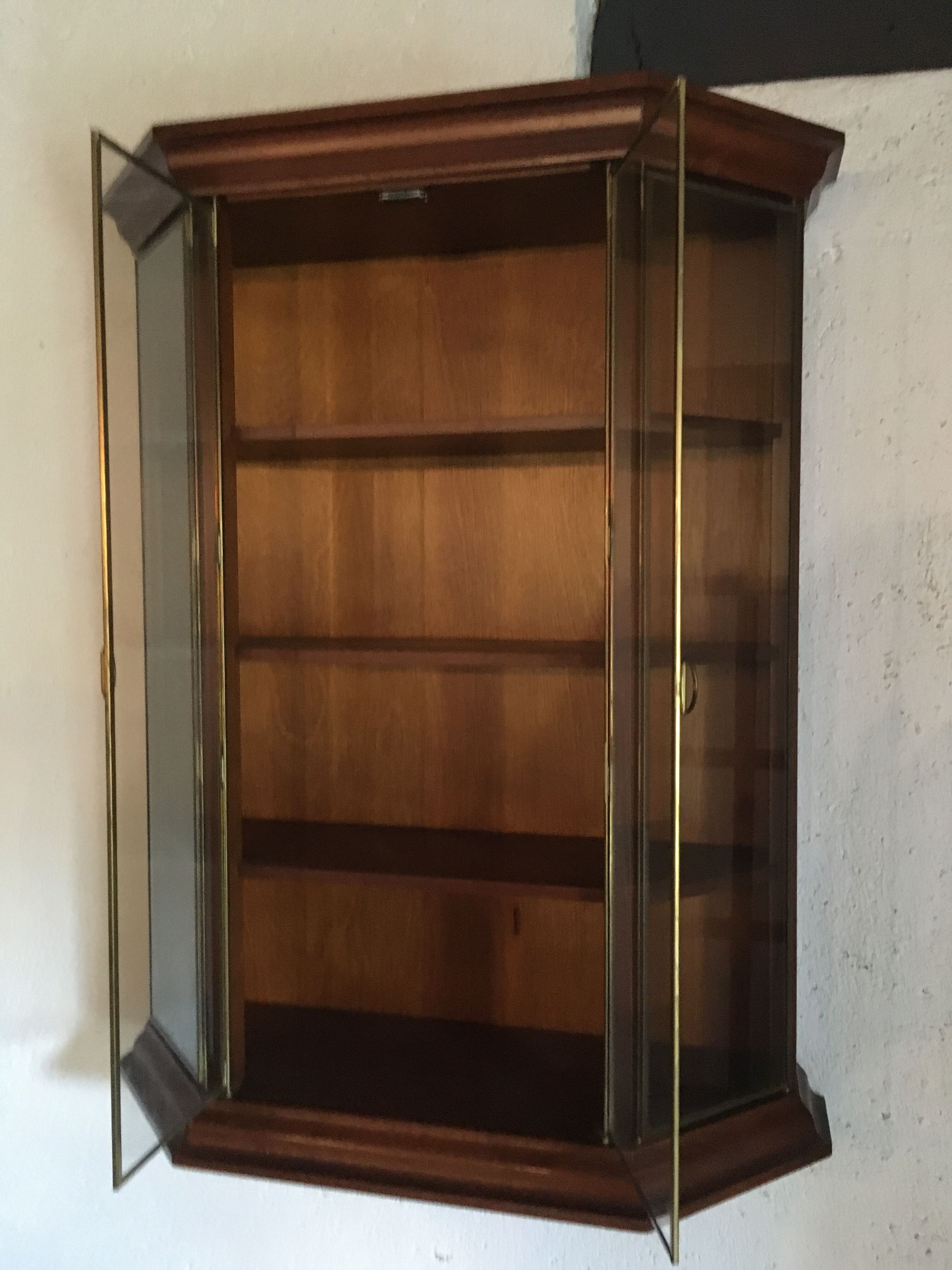 Wall display case for collection or other in wood, glass and brass