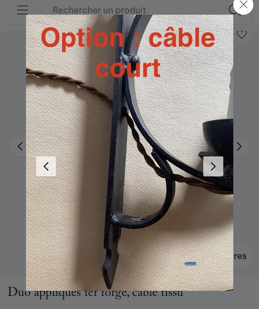 Two wrought iron wall lights, fabric cable.