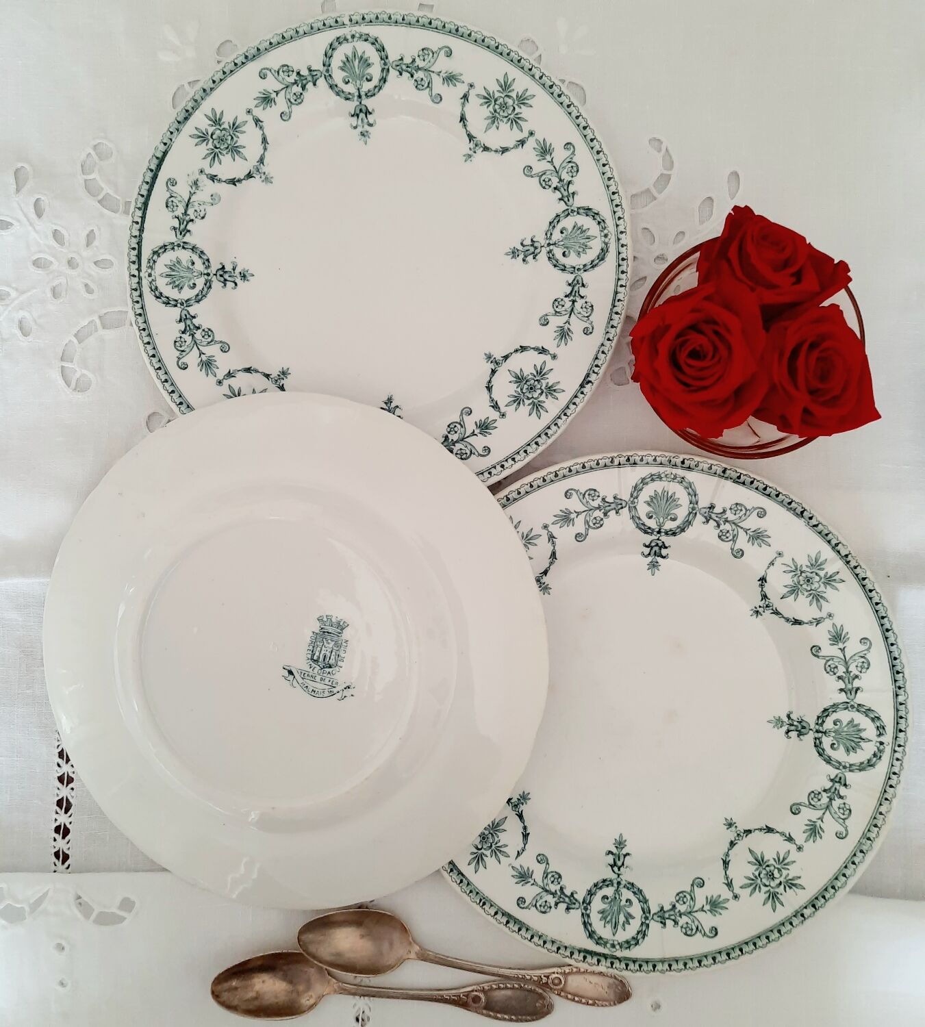 Old dessert plates mismatched in iron earth