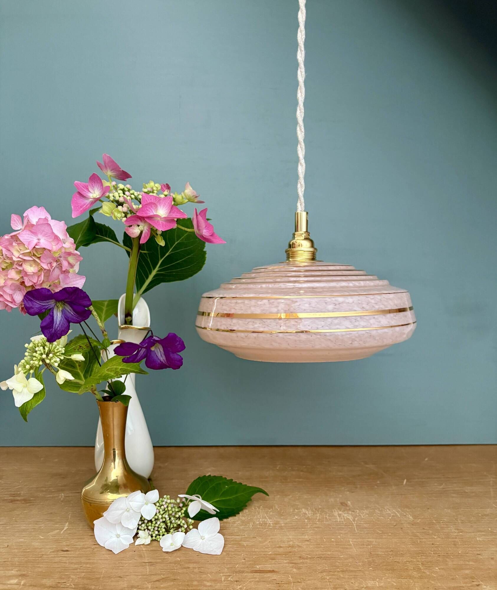 Vintage pendant lampshade in pink Clichy glass with gold trim