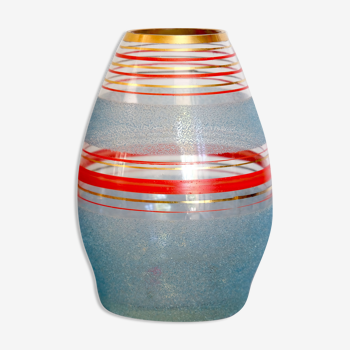 Vase année 50/60 verre granité bleu rayures rouge doré