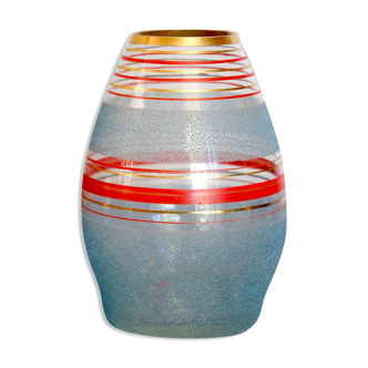 Vase année 50/60 verre granité bleu rayures rouge doré