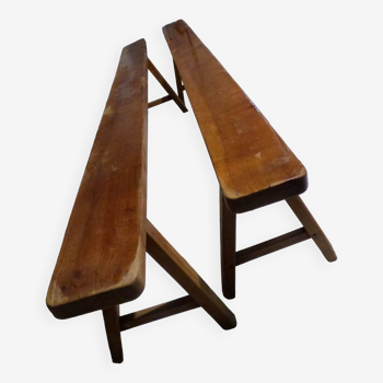 set of 2 solid wood farm benches with trapeze base 2m x 15cm x 45cmh