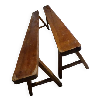 set of 2 solid wood farm benches with trapeze base 2m x 15cm x 45cmh