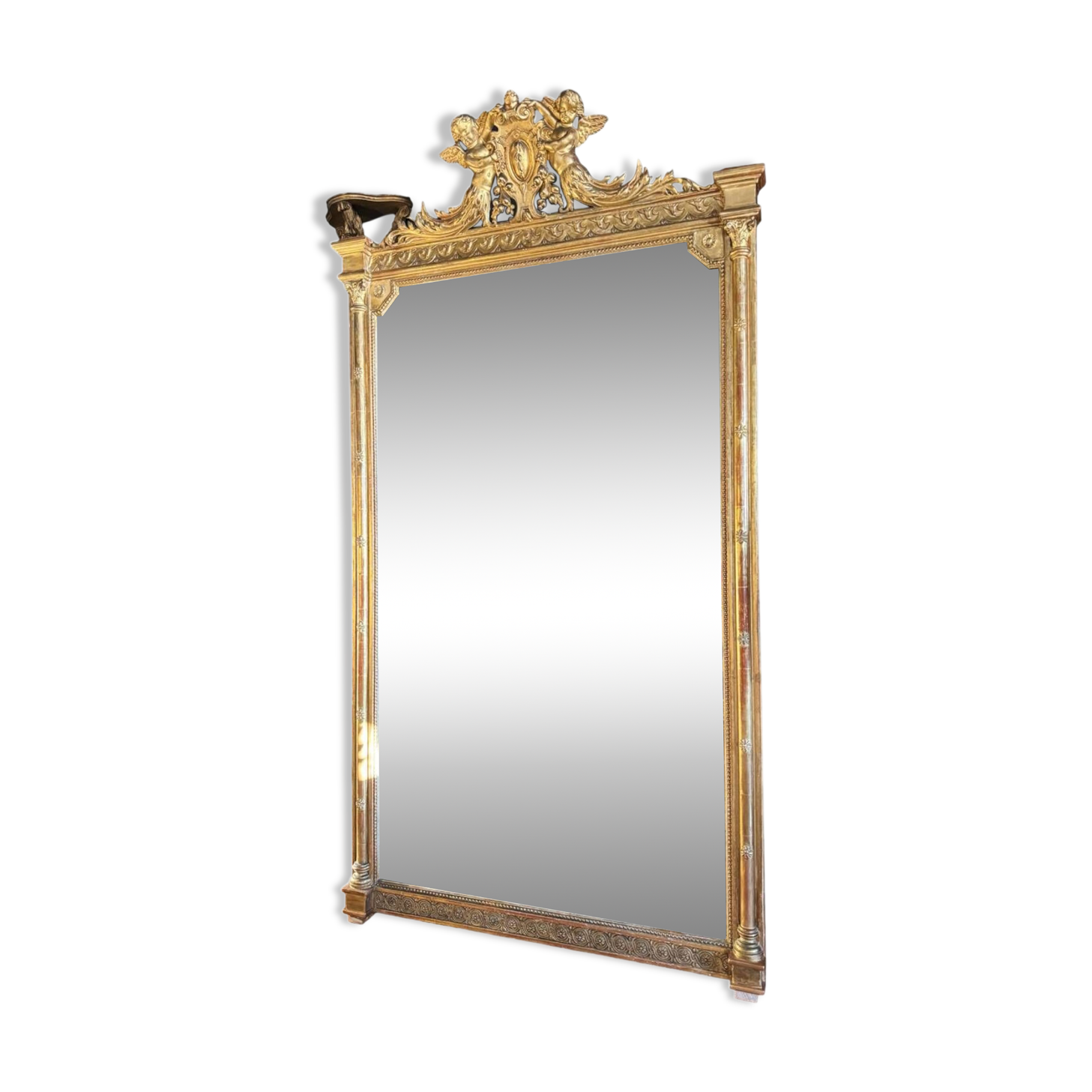 Napoleon iii period fireplace mirror in golden wood with putti decor - 19th century