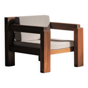 Fauteuil artisanal en bois massif et tissu, années 1980-90