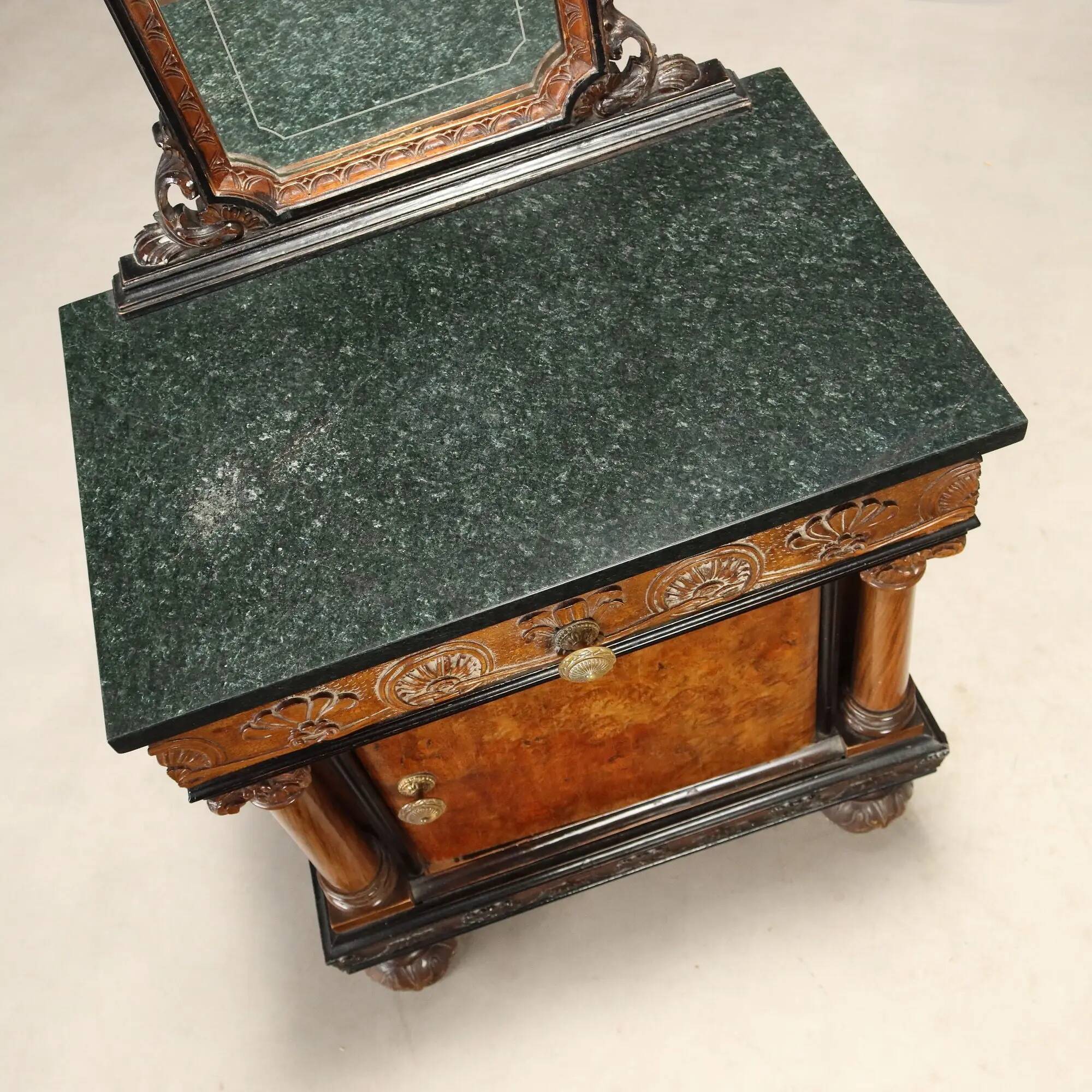 Antique walnut bedside tables with marble and burl, Italy, 20th century.