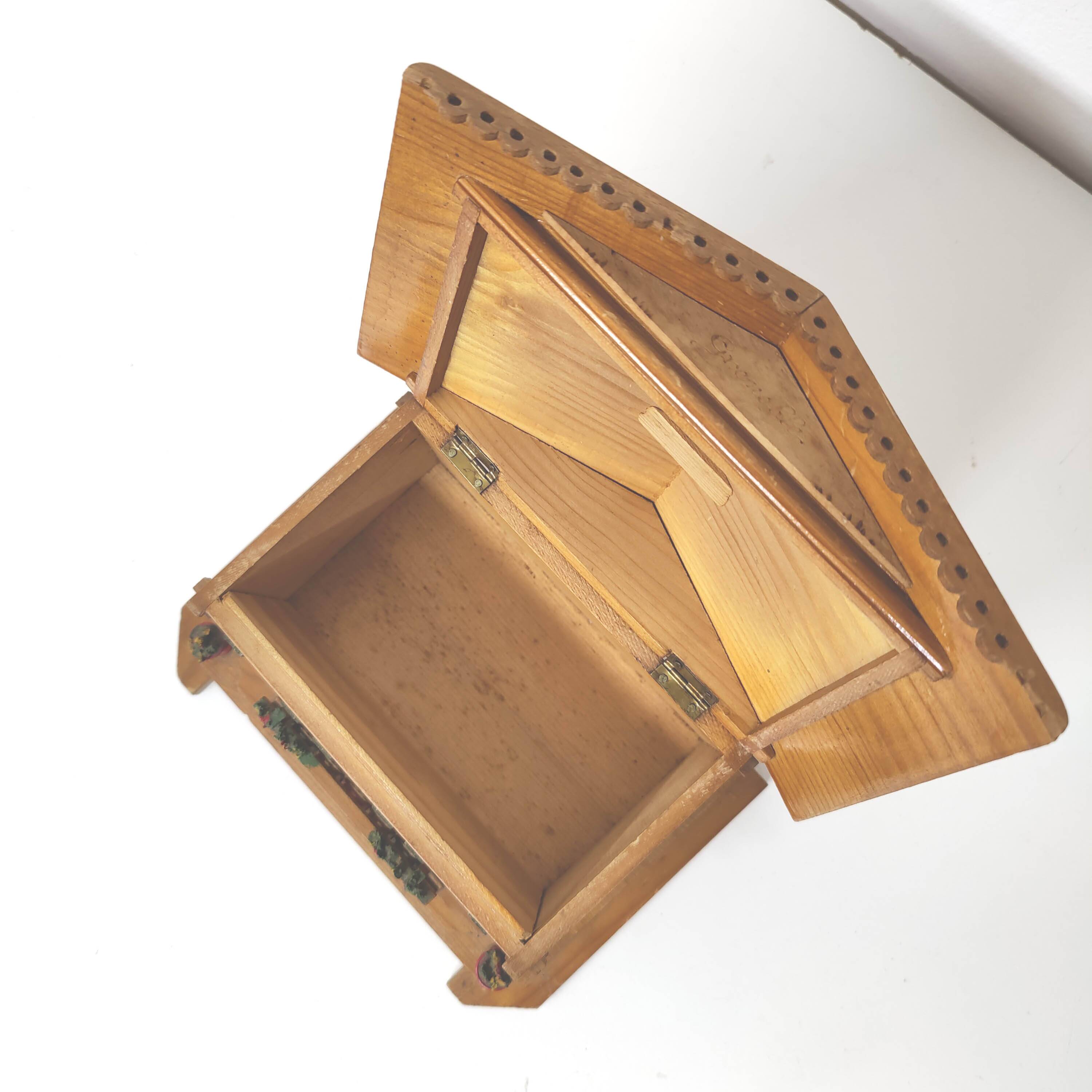Wooden chalet box, jewelry box, pencils