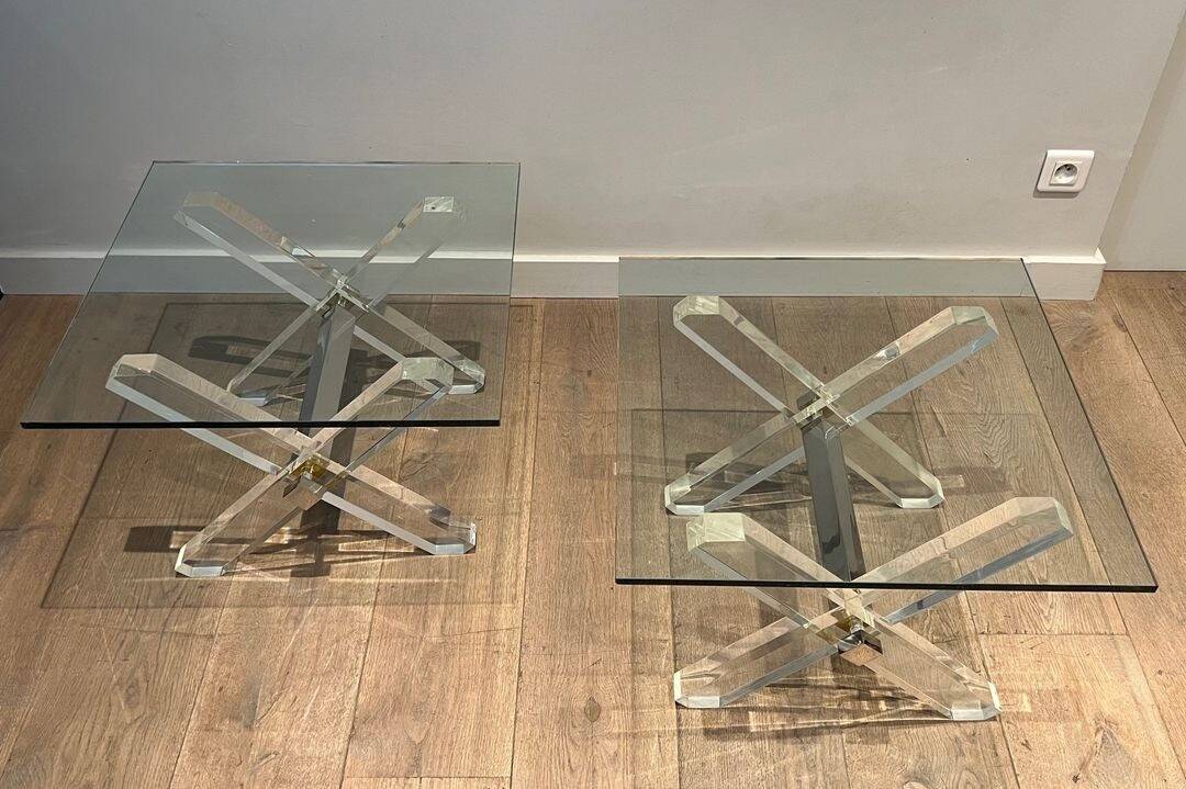 Pair of Plexiglass and Chrome Side Tables with X-shaped Legs, Work