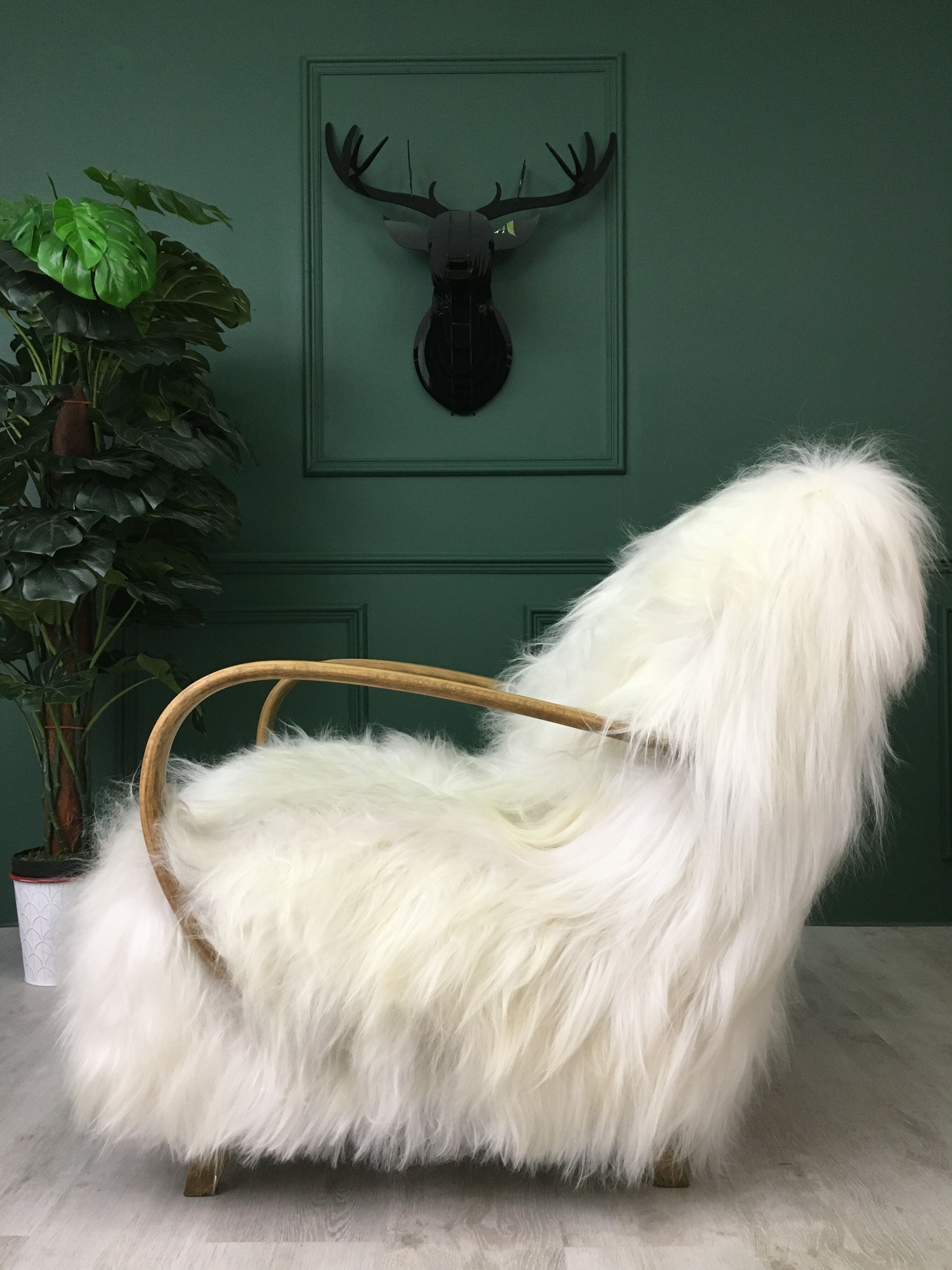 White fluffy sheepskin bentwood armchair halabala